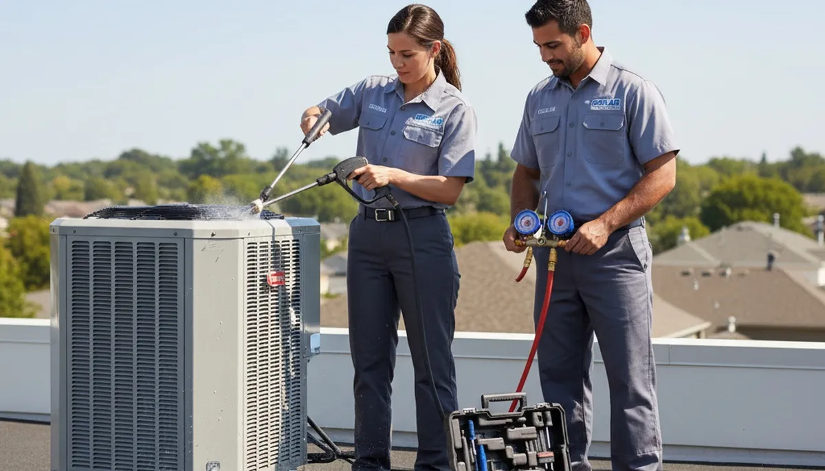 Technician repairing residential air conditioner unit in Knoxville, TN for Five Star Cooling service